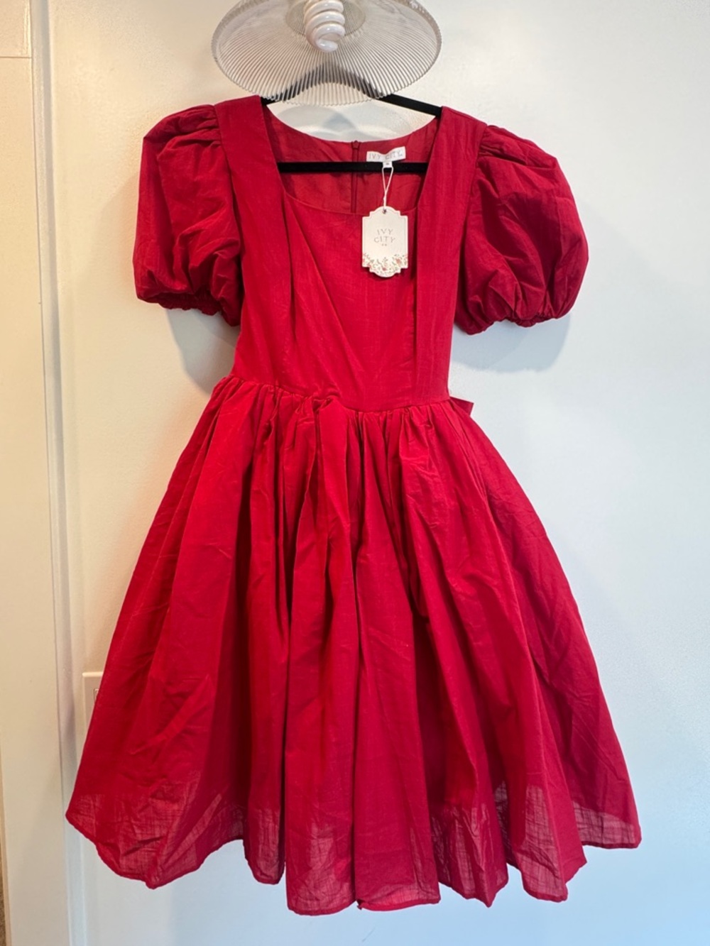 Ivy City Co Red Puff-Sleeve Square-Neck Party Dress
